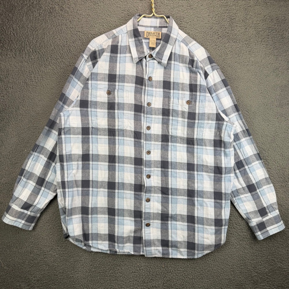 Duluth Trading Co Mens XL Tall Blue White Plaid Flannel Button Down Shirt Cotton